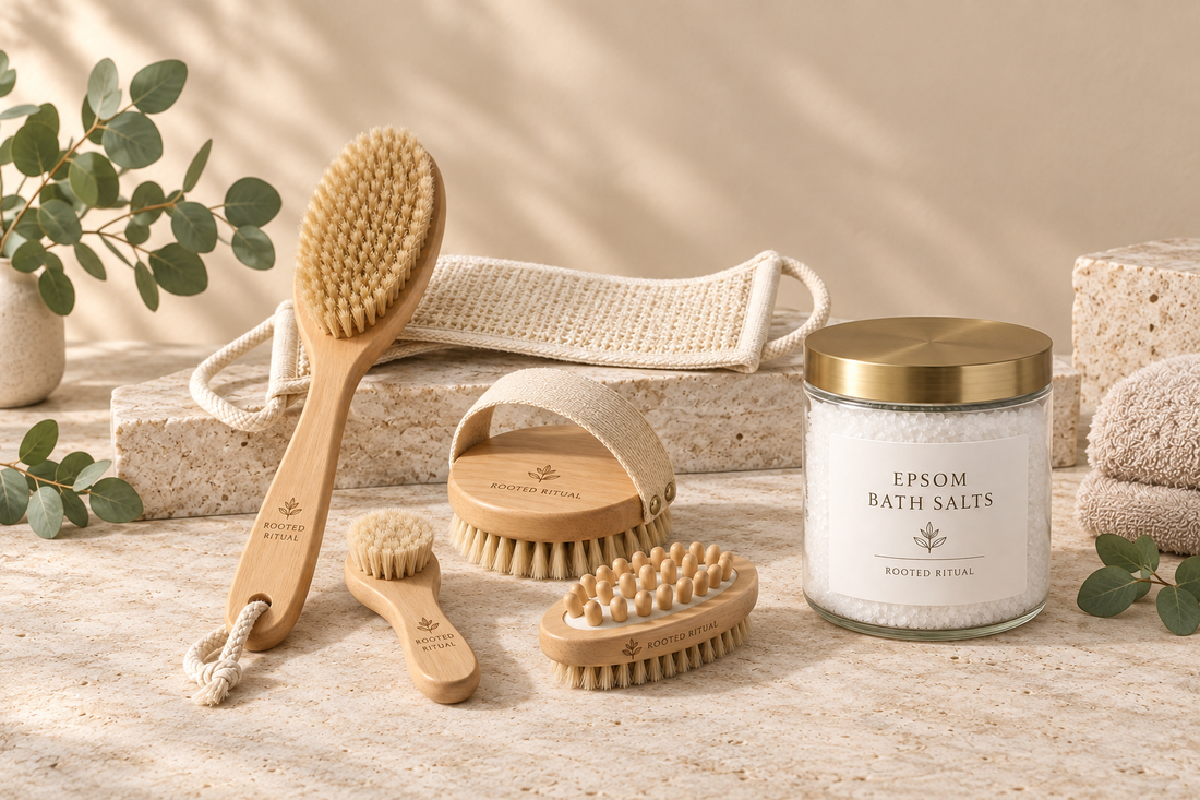 Rooted Ritual natural dry brush set and Epsom bath salts arranged for a simple body reset ritual