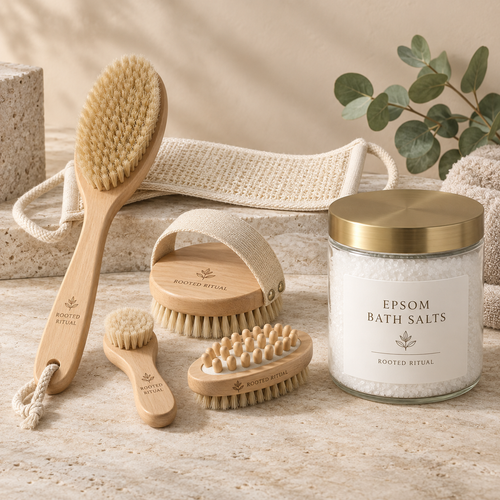 Rooted Ritual Body Reset Ritual with five-piece natural dry brush set and Epsom bath salts